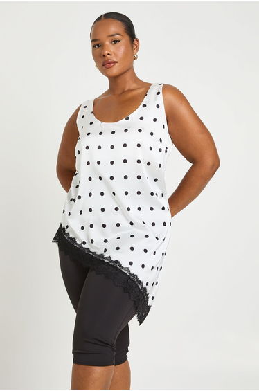 Plus Polka Dot Scoop Neck Asymmetric Hem Cami Top - white