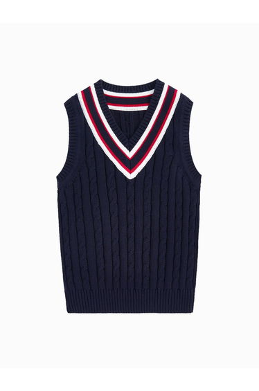 Boys' Sleeveless Textured Knitted Waistcoat - V Neck With Contrast Color Line On Neck Edge