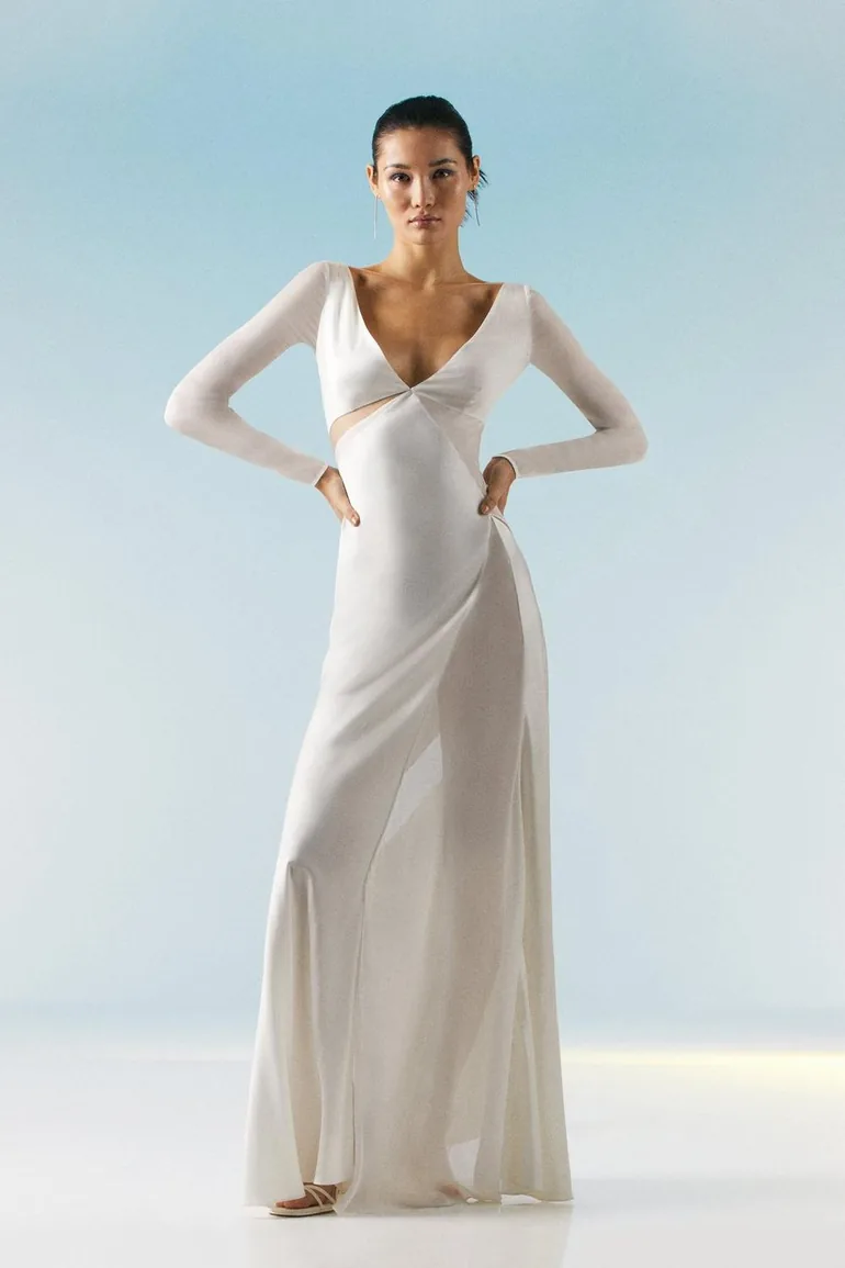 Ooto Sheer Panneled Long Sleeve Woven Maxi Dress