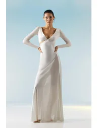 Ooto Sheer Panneled Long Sleeve Woven Maxi Dress
