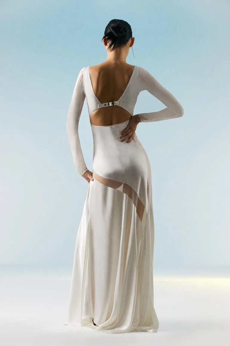Ooto Sheer Panneled Long Sleeve Woven Maxi Dress - 2