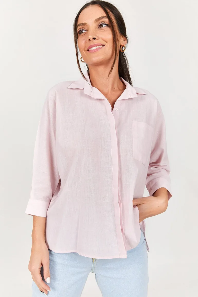 قميص بقماشة لينن زهري بازرار