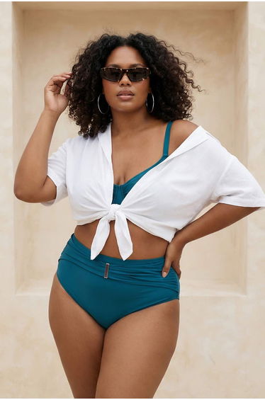 Petrol High Waist Gold Accessory Plus Size Bikini Bottom