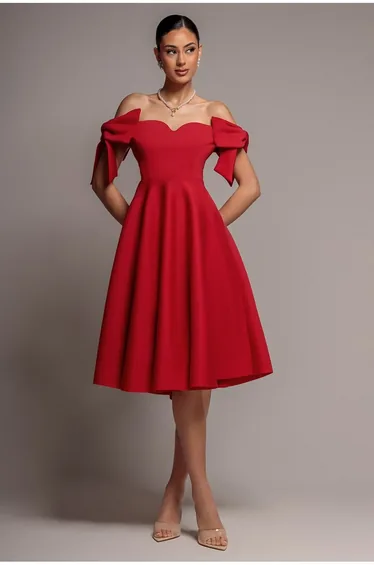 Bardot Plunge Neck Bow Sleeve A Line Midi Dress - Red by Goddiva