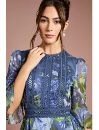 Placement Print 3/4 Sleeve Organza Midi Dress - 1