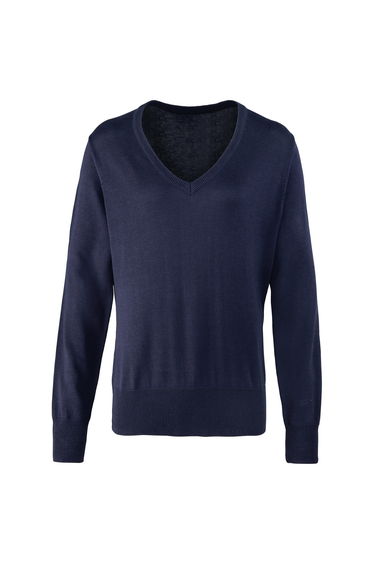 Premier Womens/Ladies Knitted Cotton Acrylic V Neck Sweatshirt - Navy