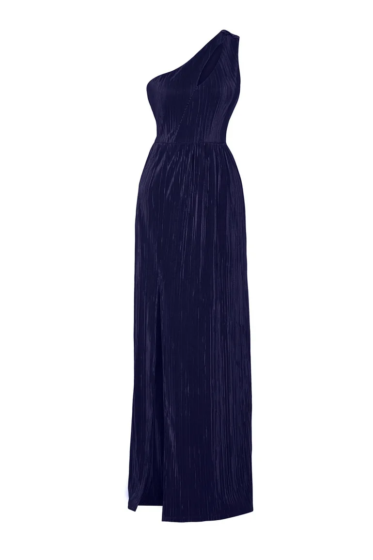 Navy Blue Knitted Lined Long Evening Dress - 7