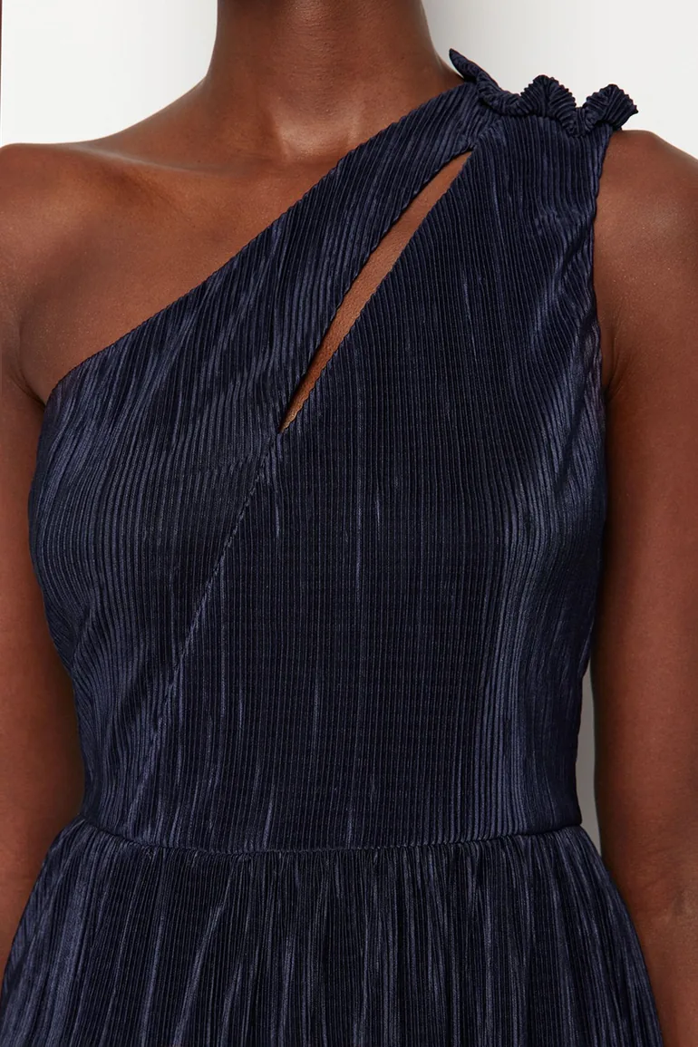 Navy Blue Knitted Lined Long Evening Dress - 4