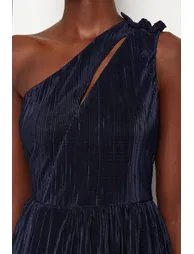Navy Blue Knitted Lined Long Evening Dress - 4