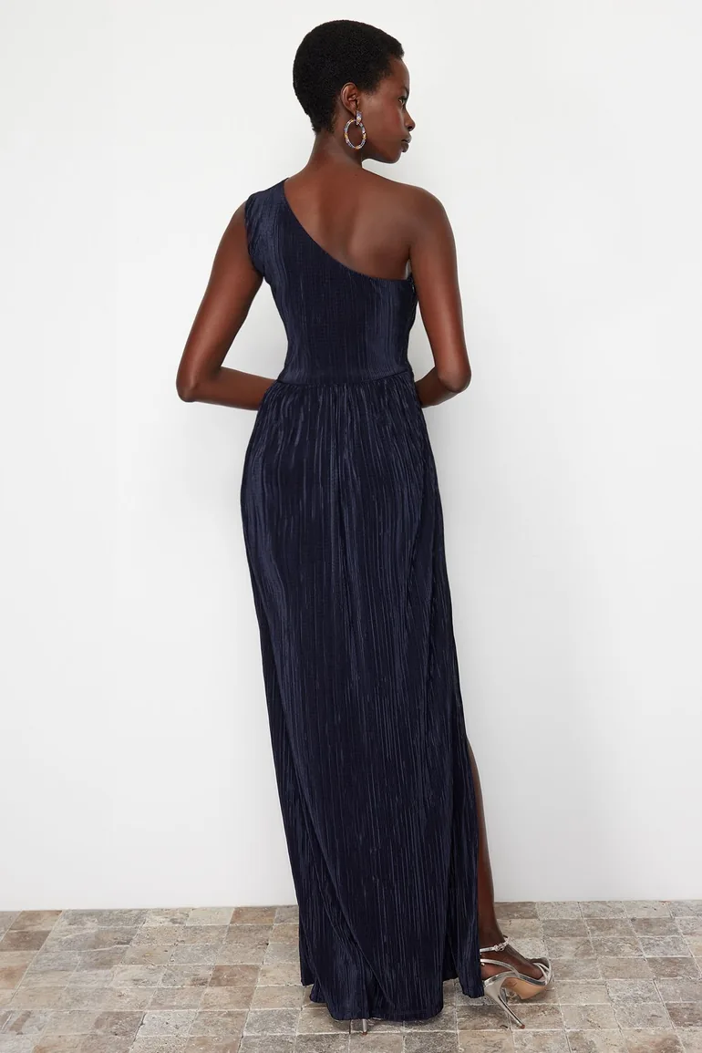 Navy Blue Knitted Lined Long Evening Dress - 2