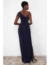 Navy Blue Knitted Lined Long Evening Dress - 2