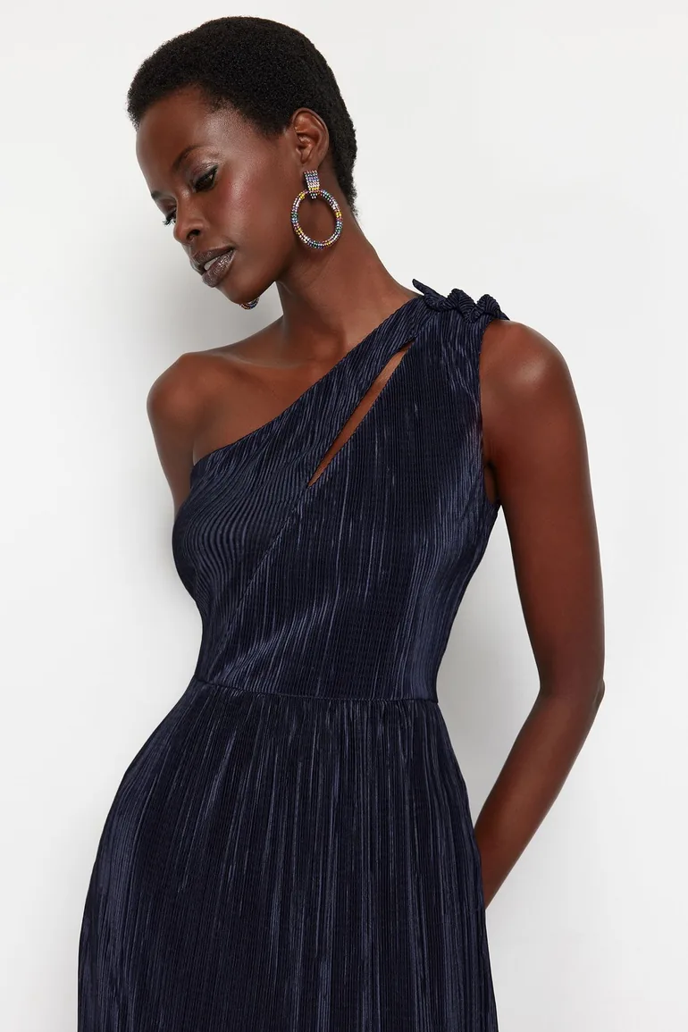 Navy Blue Knitted Lined Long Evening Dress - 3