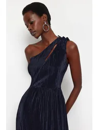 Navy Blue Knitted Lined Long Evening Dress - 3