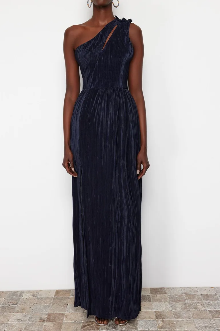 Navy Blue Knitted Lined Long Evening Dress - 5