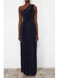 Navy Blue Knitted Lined Long Evening Dress - 5