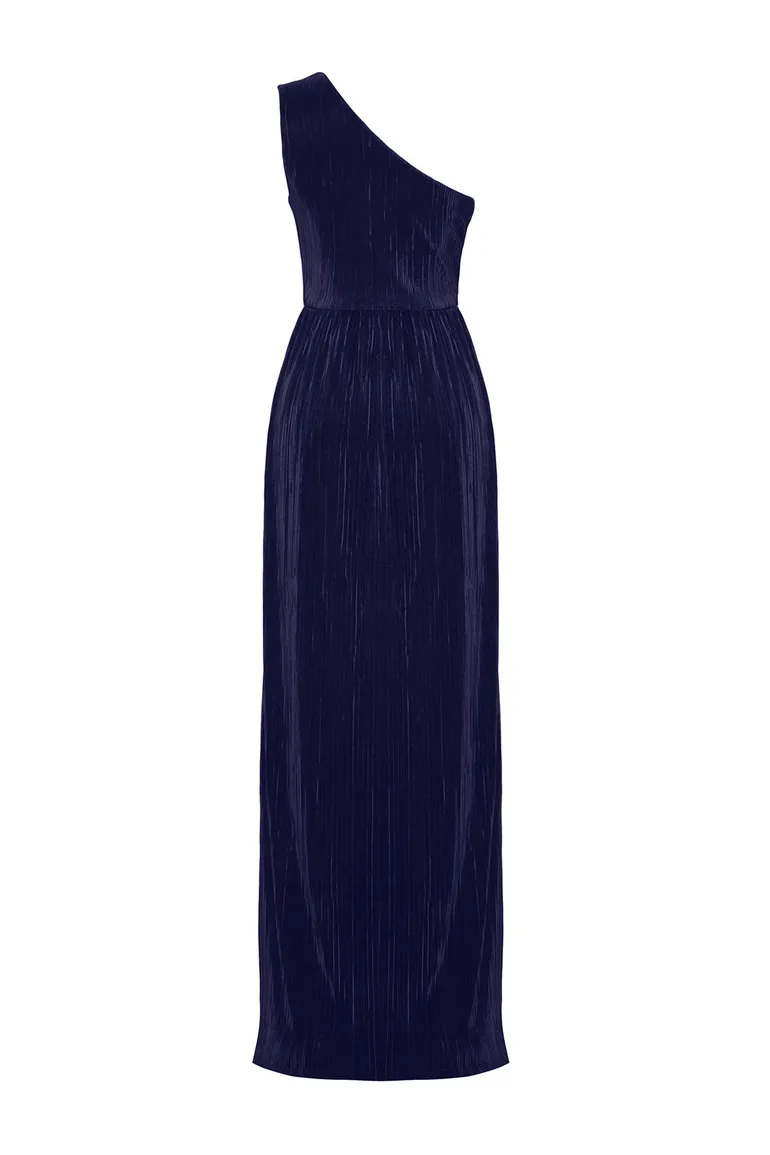 Navy Blue Knitted Lined Long Evening Dress - 6