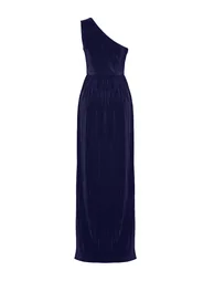 Navy Blue Knitted Lined Long Evening Dress - 6