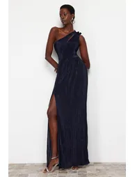 Navy Blue Knitted Lined Long Evening Dress - 1
