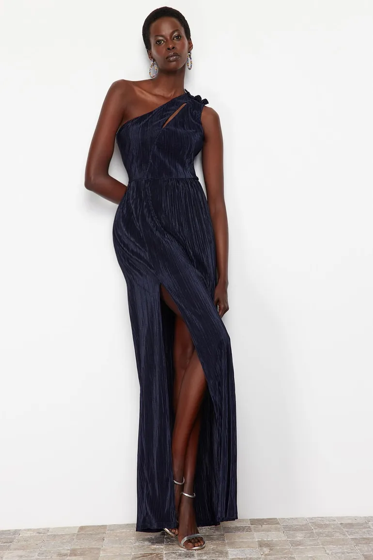 Navy Blue Knitted Lined Long Evening Dress