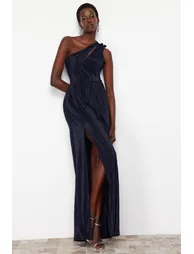 Navy Blue Knitted Lined Long Evening Dress