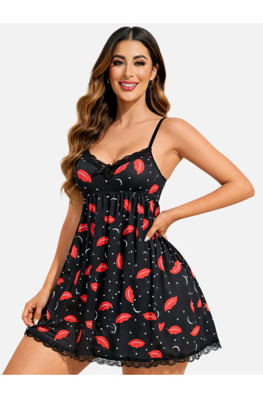 Lace Insert Lip Print Babydoll