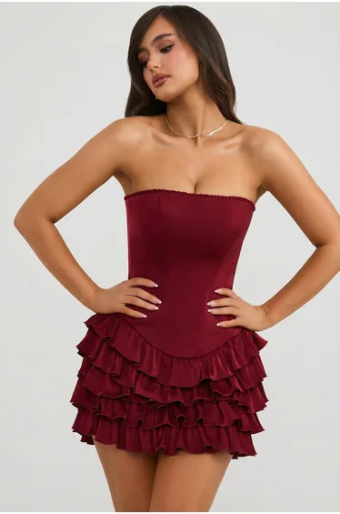 Bandeau Ruffled Tiered Corset Mini Dress in Berry Red