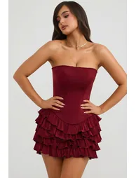 Bandeau Ruffled Tiered Corset Mini Dress in Berry Red