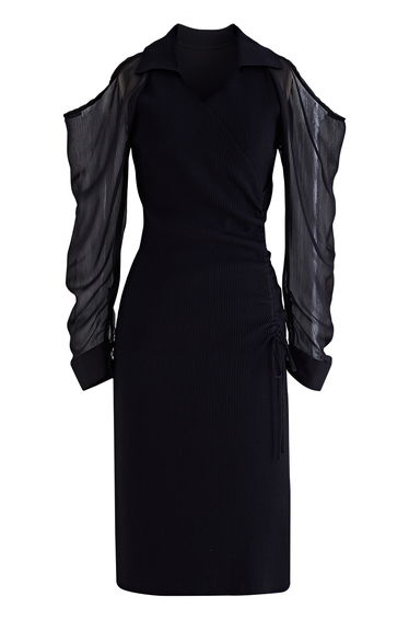 Sheer Sleeve Cold-Shoulder Bodycon Knit Dress in Black