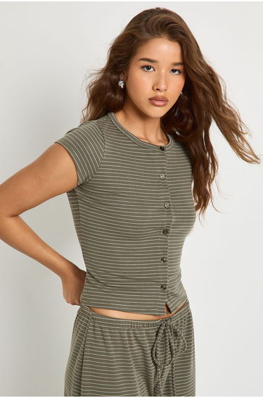Stripe Button Through Cap Sleeve Top - khaki