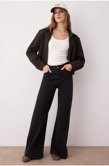 Siyah Normal Bel Wide Leg Jeans