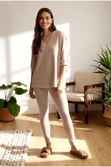 Beige Plain Soft Knitted Pajama Set