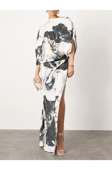 Batwing Sleeves Loose Asymmetric Floral Printed Split-Joint Split-Side One-Shoulder Evening Dresses Maxi Dresses