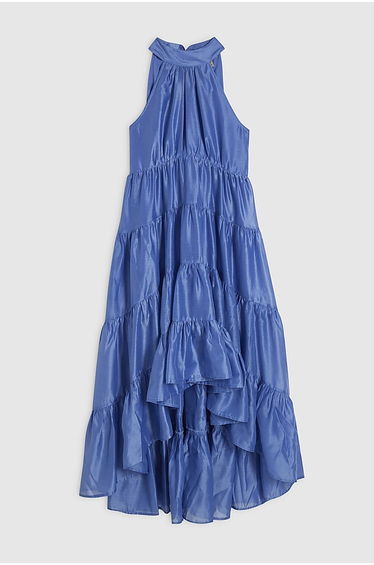 Petite Blue Halter Neck Tiered Maxi Dress