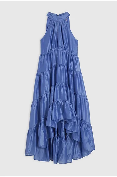 Petite Blue Halter Neck Tiered Maxi Dress