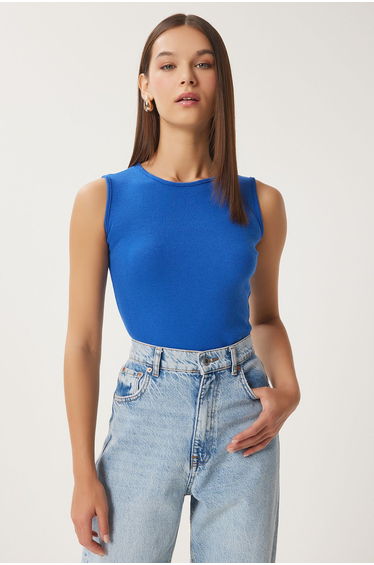 Women's Dark Blue Crew Neck Cotton Knitted Blouse