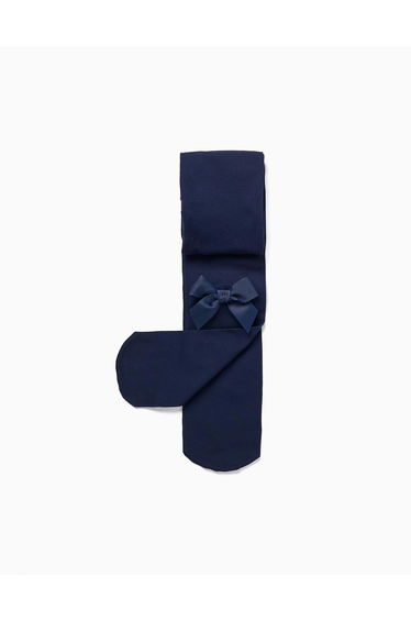 Microfiber Tights with Bow for Baby Girls, Dark Blue