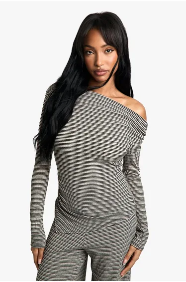 Striped Jersey Slouchy Off Shoulder Top - black_white