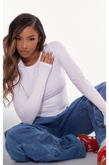 White Cotton Crew Neck Long Sleeve Top
