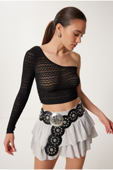 Women's Black Single Shoulder Openwork Flexible Knitted Blouse