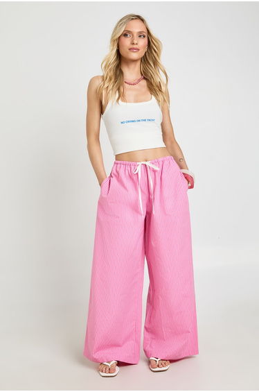 Petite Contrast Drawcord Wide Leg Trousers - pink