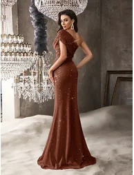 QOQ Brown Beaded One-Shoulder Evening Gown - 4