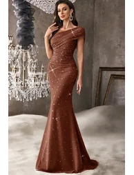 QOQ Brown Beaded One-Shoulder Evening Gown