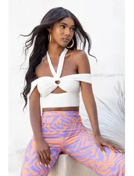 Good Vibes | White Bardot Halter Neck Cut Out Crop Top