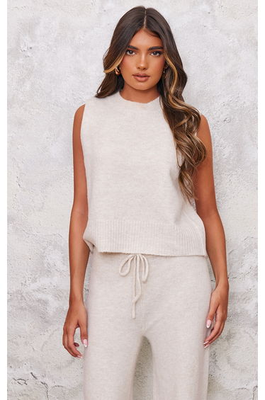 Oatmeal Marl Soft Knit High Neck Sleeveless Top product thumbnail 2
