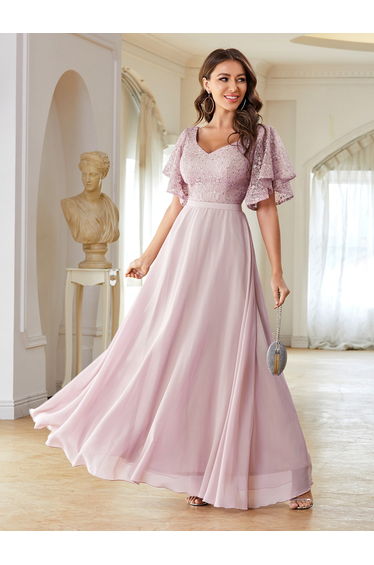Leely Elegant V Neck Flounce Sleeve Evening Gown