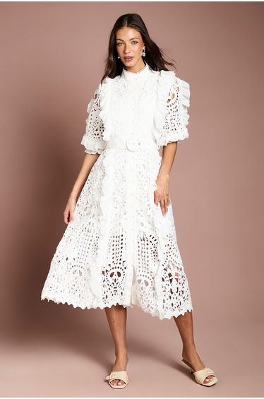 Lace Ruffle Shirt Dress With Tie