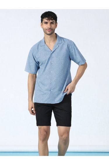 Men Blue Wave Pattern Cotton Shirt