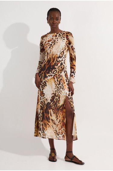 Sheer Viscose Georgette Sketchy Animal Woven Cowl Back Maxi Dress