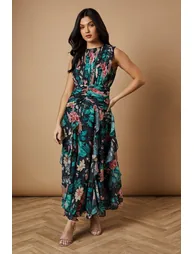 Floral Waist Detail Ruffle Maxi Dress