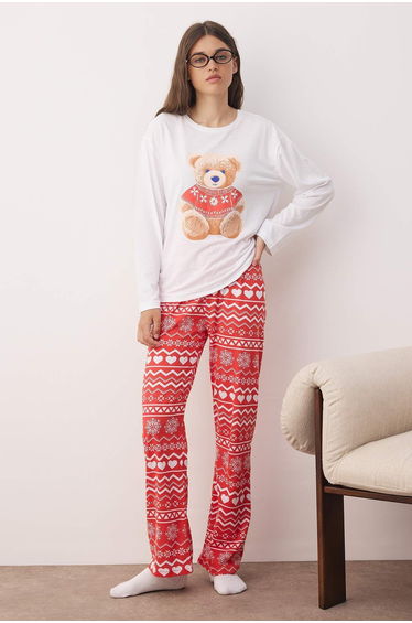 Red-White Plaid / Checkered Single Jersey Knitted Pajama Set